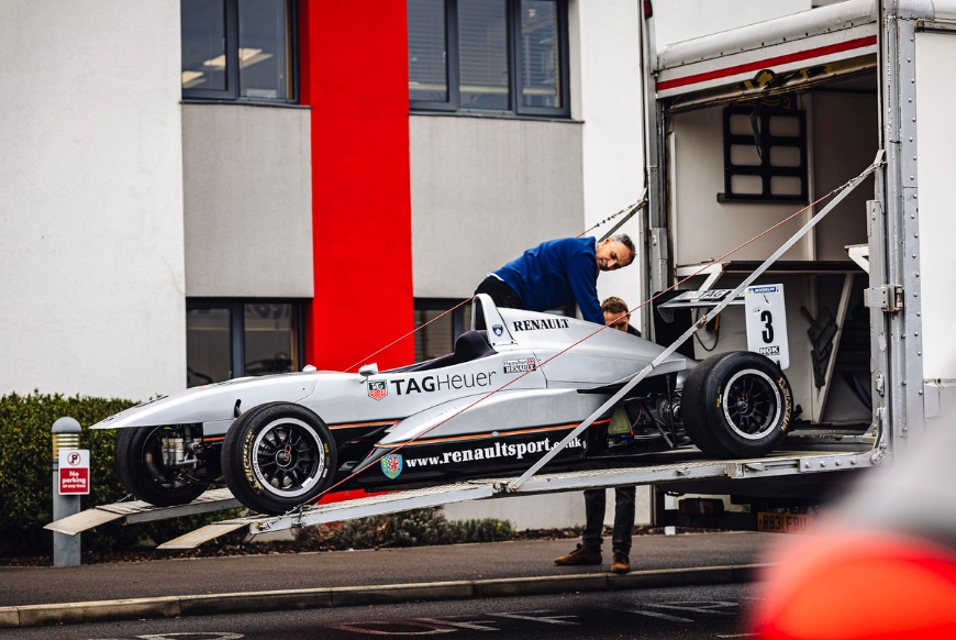 Lewis Hamilton’s Championship-winning Tatuus Formula Renault arriving at Haynes Motor Museum